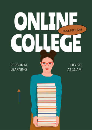Modèle de visuel Annonce de la candidature à l'université en ligne avec une étudiante avec des livres - Flyer A6