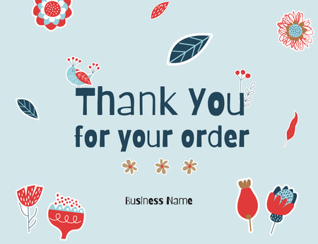 Kiitos tilausviestistäsi, jossa on kukkia sinisellä Thank You Card 5.5x4in Horizontal Design Template