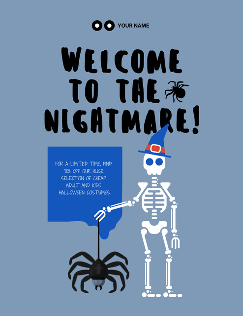 Funny Skeleton with Spider on Halloween  Flyer 8.5x11in Design Template