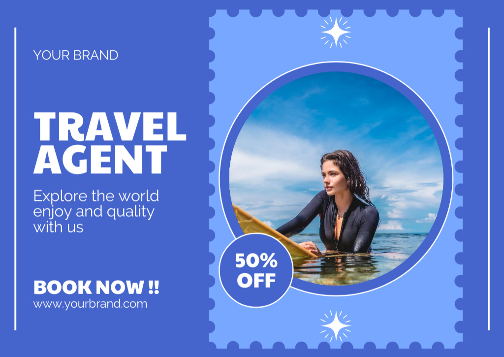 Surfing Tours Discount on Blue Card Design Template