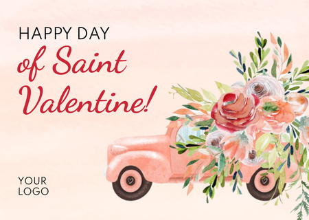 Car with Flowers on Valentine's Day Postcard Design Template