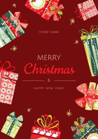 Christmas And New Year Cheers With Colorful Gifts Postcard A5 Vertical Design Template