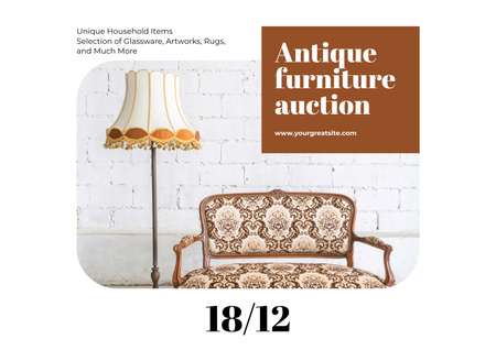 Ontwerpsjabloon van Poster A2 Horizontal van Advertentie voor veiling van antieke meubelen met klassieke fauteuil en vloerlamp