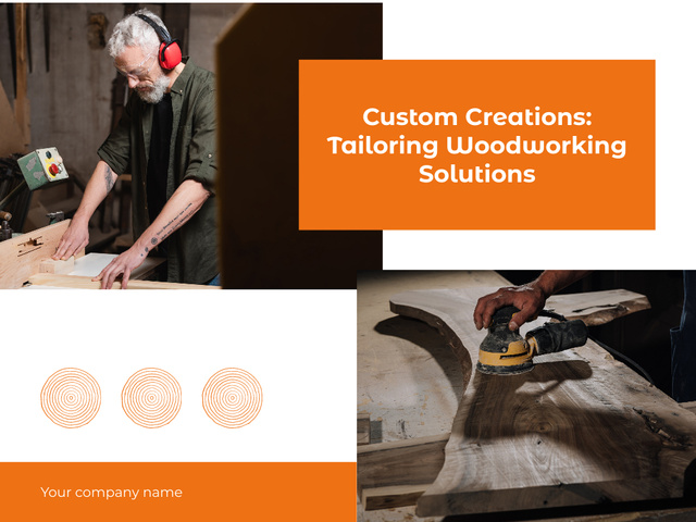Woodworking Solutions Promo on Orange Presentation Šablona návrhu