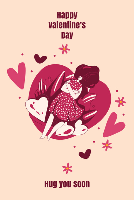 Valentine's Day With Cute Illustration And Hearts Postcard 4x6in Vertical Πρότυπο σχεδίασης