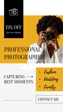 Designvorlage Hochqualifizierter Fotografenservice für Anlässe mit Rabatt für Instagram Video Story