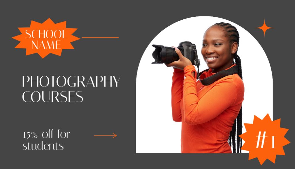 Ontwerpsjabloon van Business Card US van Photography Courses Ad with Friendly Photographer