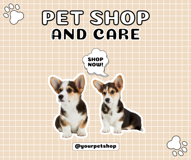 Pet Store Items with Cute Puppies Facebook tervezősablon