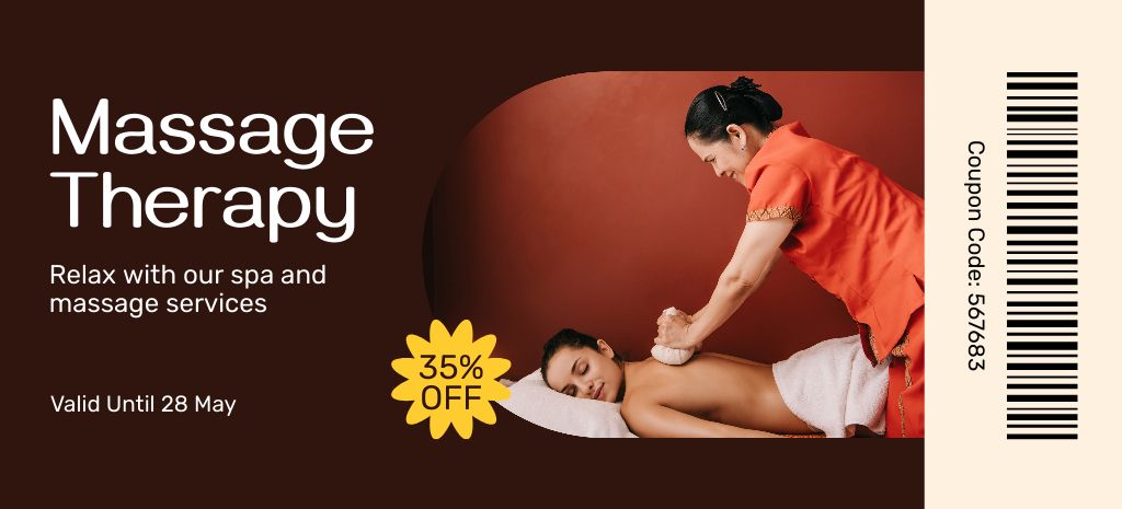 Ontwerpsjabloon van Coupon 3.75x8.25in van Asian Masseur Doing Back Massage with Herbal Balls to Woman