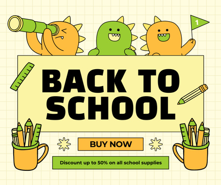 Ontwerpsjabloon van Facebook van Aankondiging schoolverkoop met schattige cartoondraken