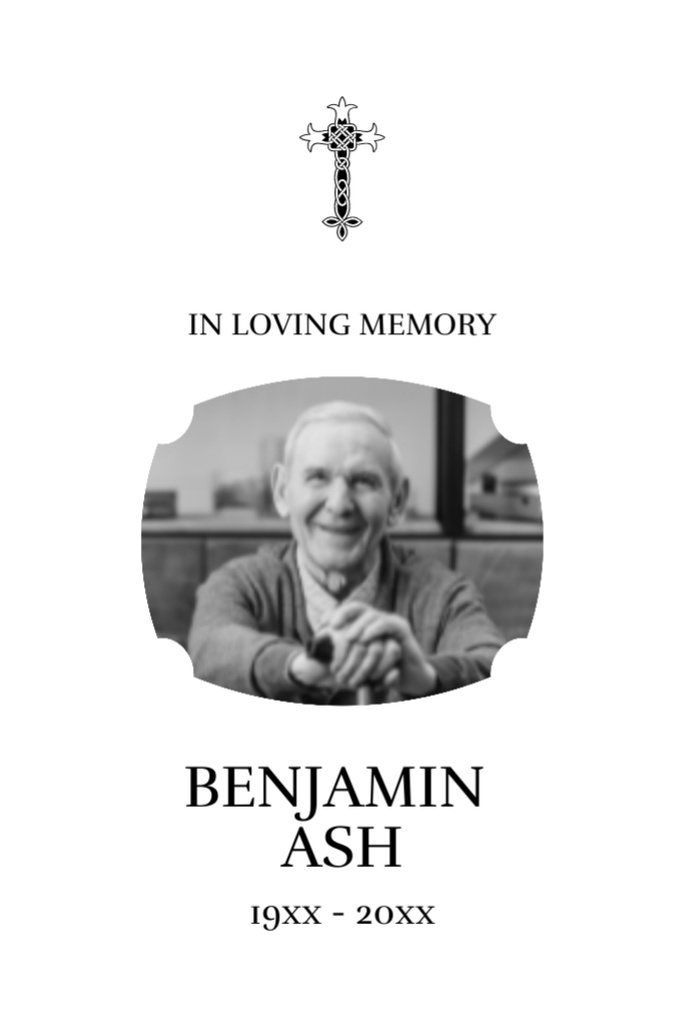 Plantilla de diseño de Funeral Remembrance Card with Photo of Man and Cross Postcard 4x6in Vertical 