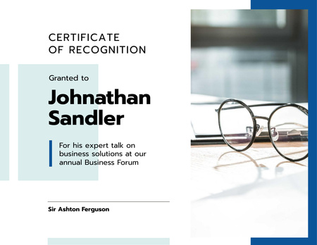 Business Forum talk Recognition with glasses in blue Certificate Design Template