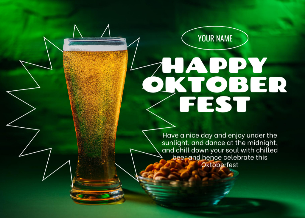 Designvorlage Oktoberfest Greeting With Beer Glass and Tasty Snacks für Postcard 5x7in
