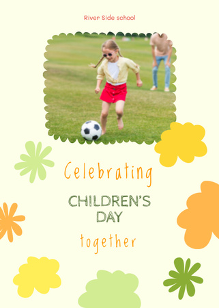 Children's Day Celebration With Girl Playing Football Postcard 5x7in Vertical Design Template