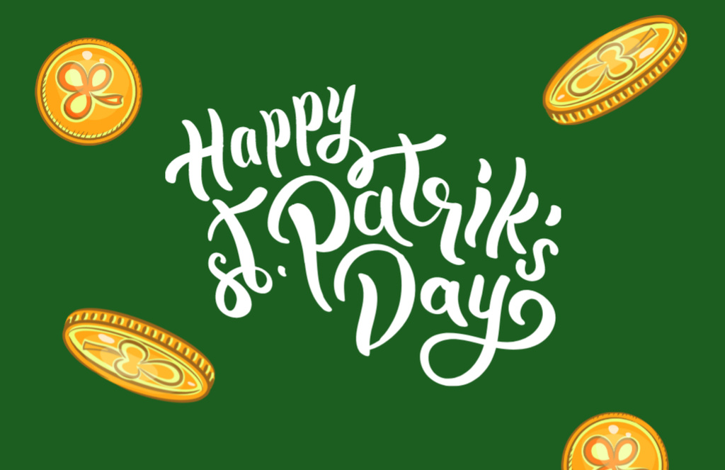 Happy St. Patrick's Day Greeting with Coins on Green Thank You Card 5.5x8.5in Design Template