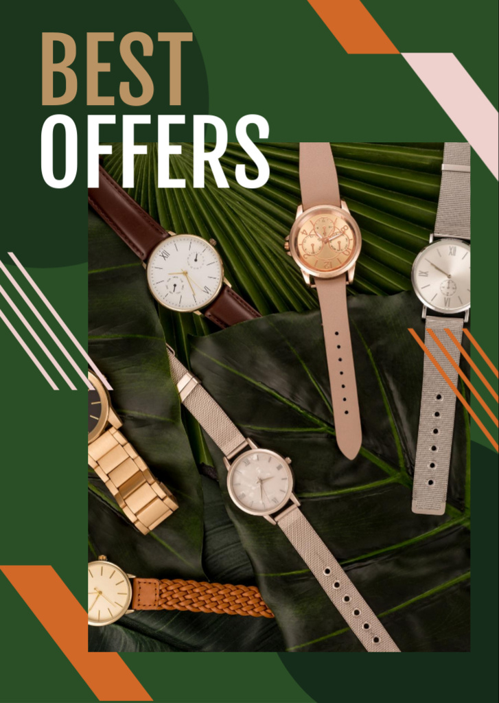 Designvorlage Ad of Watches on Green Leaves für Flyer A6