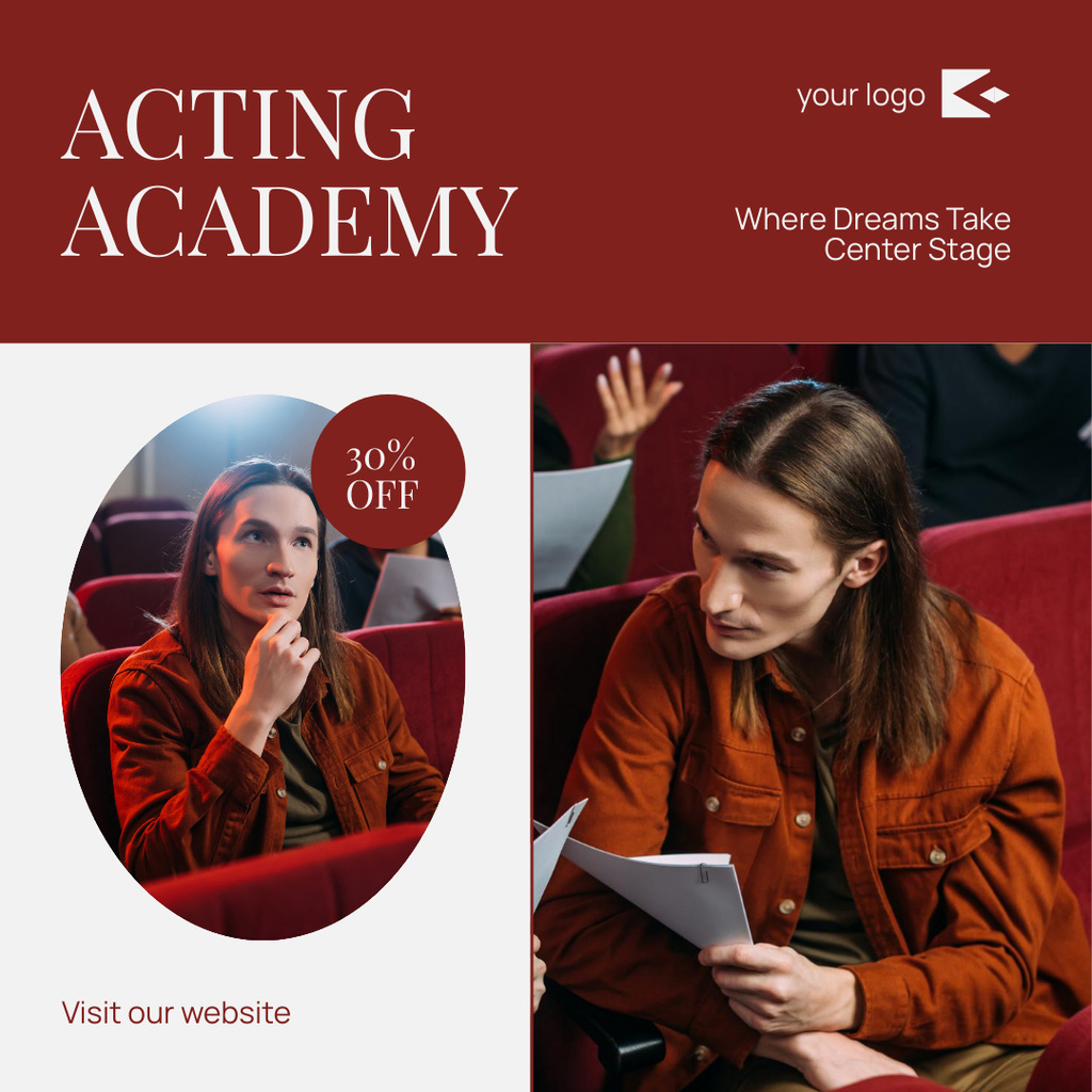 Template di design Discount on Acting Academy with Student at Rehearsals Instagram AD