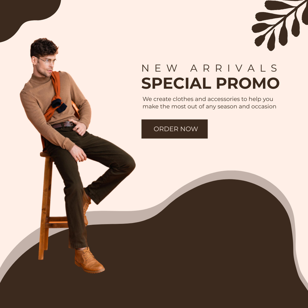 Plantilla de diseño de New Fashion Clothes Ad with Handsome Man on Chair Instagram 