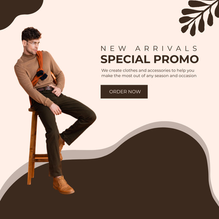 ハンサムな男性が椅子に座っている新しいファッション衣料品の広告 Instagramデザインテンプレート