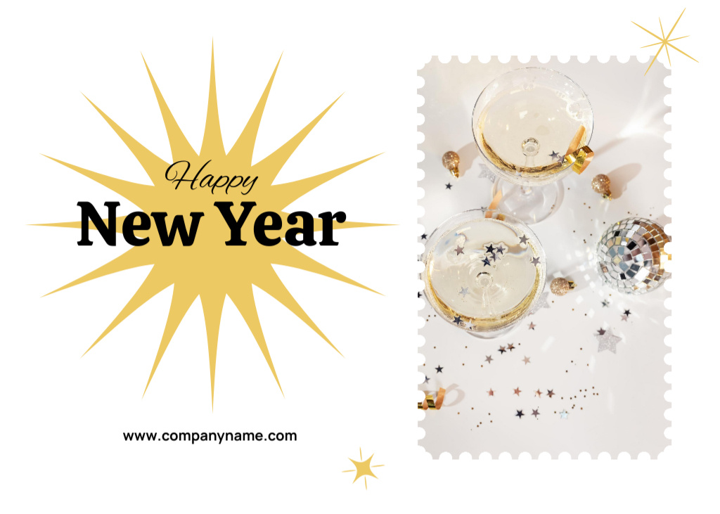 Modèle de visuel New Year Holiday Greeting with Festive Champagne in Wineglasses - Postcard 5x7in