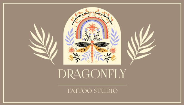 Ontwerpsjabloon van Business Card US van Colorful Dragonfly And FLorals With Tattoo Studio Offer
