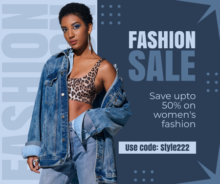 Fashion Sale with Stunning Woman in Denim Facebook Design Template