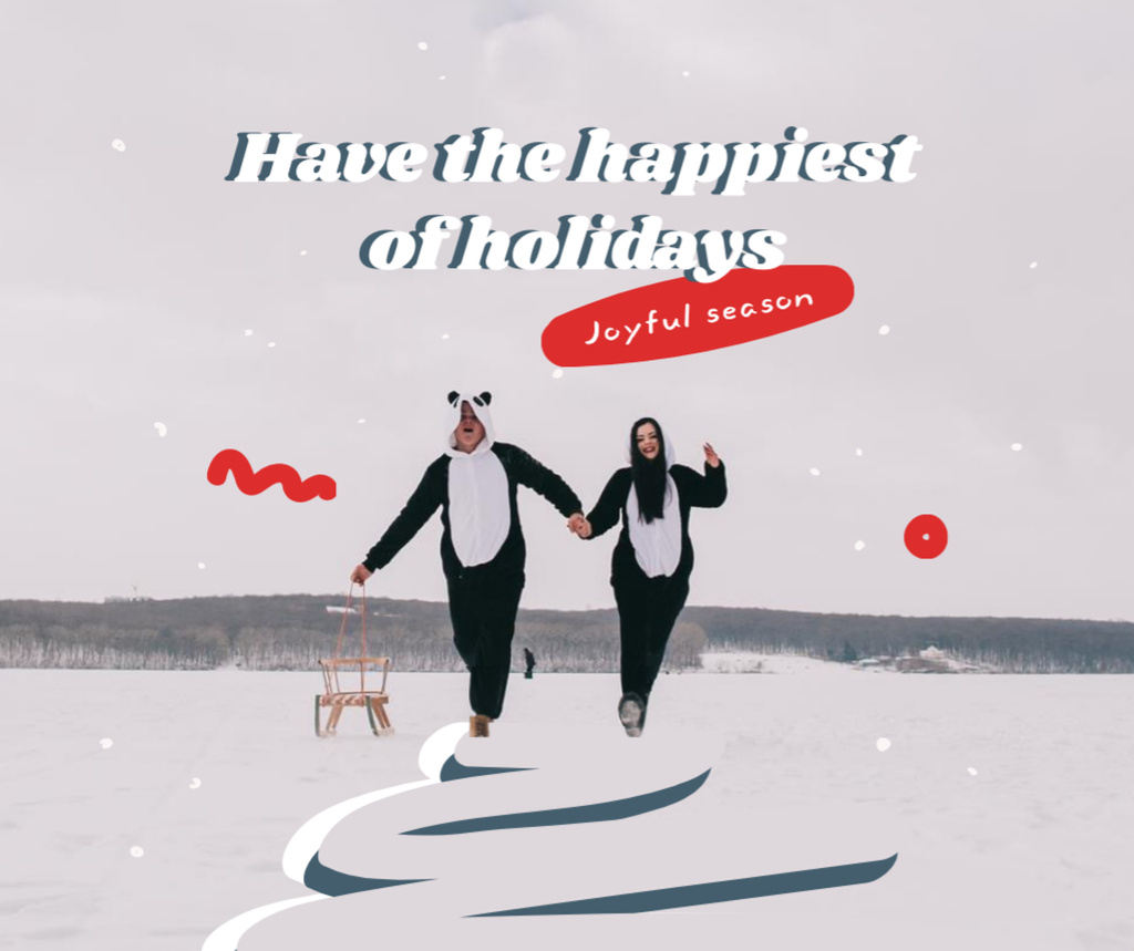 Modèle de visuel Winter Holidays Greeting with Couple in Funny Costumes - Facebook