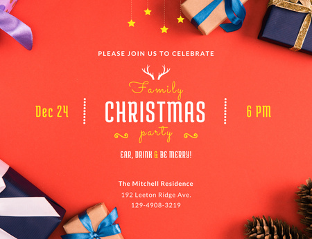 Christmas Family Party And Gifts with Bows Invitation 13.9x10.7cm Horizontal Design Template
