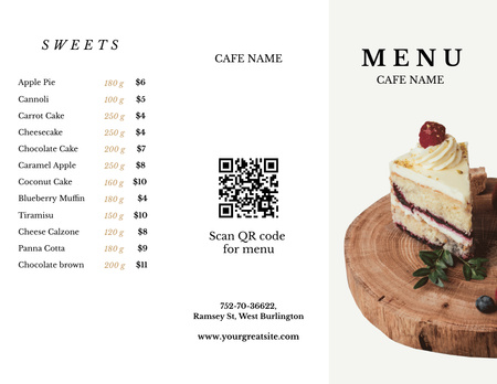 Platilla de diseño Cake With Raspberry In Café Desserts List Menu 11x8.5in Tri-Fold