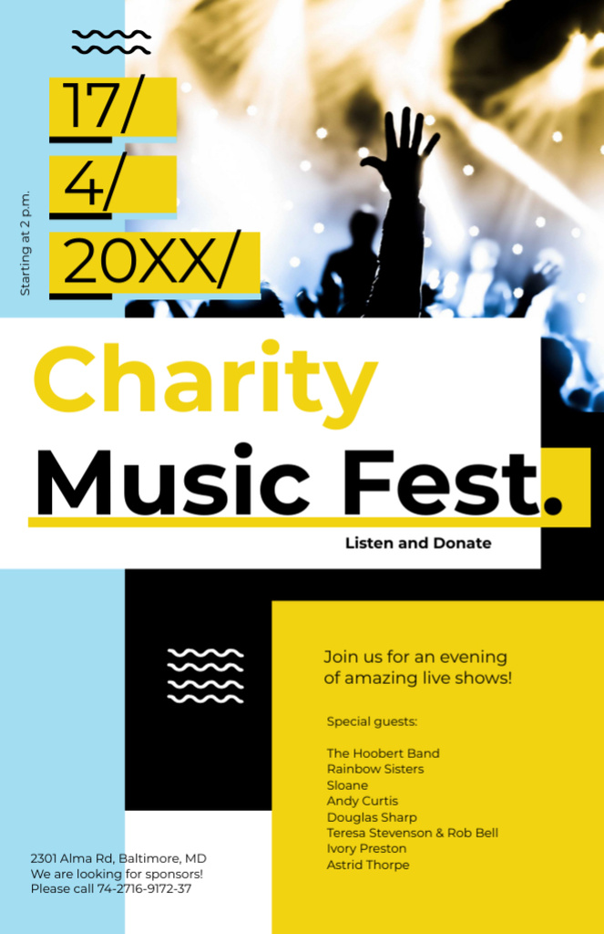 Charity Music Fest Event on Yellow and Blue Invitation 5.5x8.5in Šablona návrhu