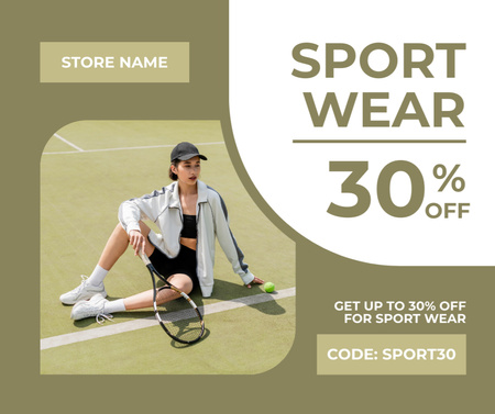 Designvorlage Rabattangebot auf Sportbekleidung mit Tennisspieler für Facebook