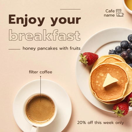Honey Pancakes with Fruits for Breakfast Instagram Design Template