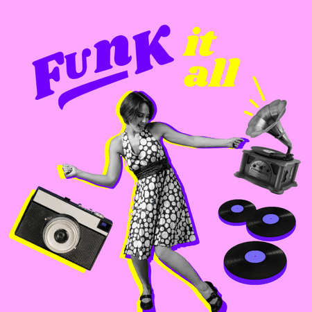 Ontwerpsjabloon van Album Cover van grappige illustratie van dancing girl en grammofoon