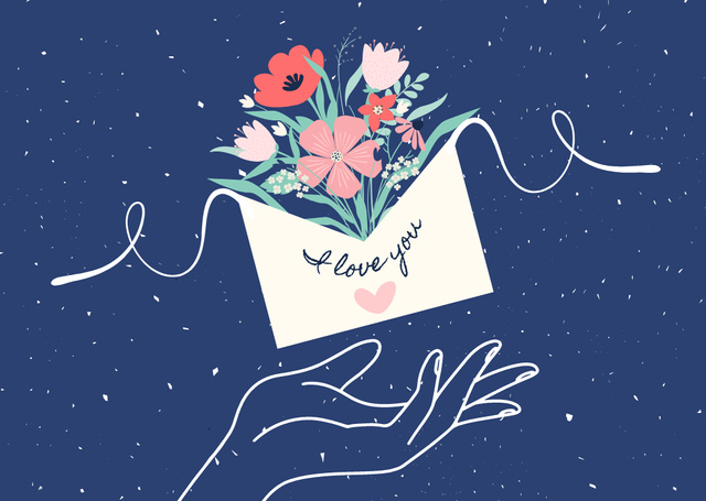 Happy Valentine's Day Greeting with Flowers in Envelope Card Tasarım Şablonu