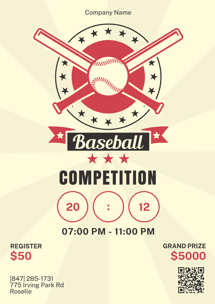 Baseball Competition Ad with Bat and Ball Poster Design Template