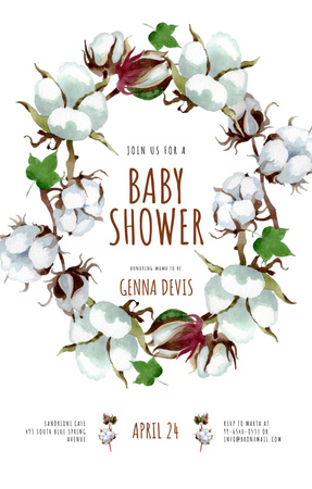 Platilla de diseño Awesome Baby Shower Event Cotton Flowers Wreath Invitation 4.6x7.2in