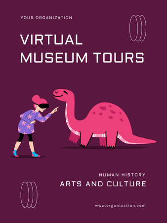 Virtual Museum Tour Offer with Pink Dinosaur Poster US Design Template