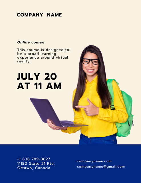 Online Courses Ad with Student with Laptop Poster 8.5x11in Modelo de Design