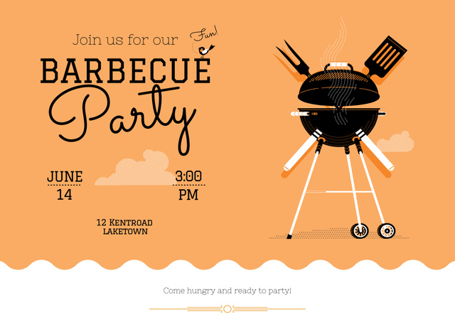 Barbecue Party Announcement With Illustration in Orange Poster B2 Horizontal Design Template