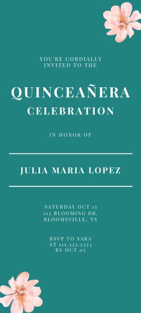 Announcement of Celebration of Quinceañera on Blue Invitation 9.5x21cm Design Template
