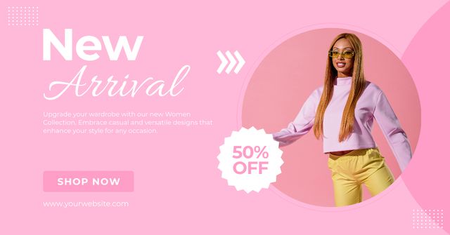 New Outfits Arrival At Discounted Rates Offer In Pink Facebook AD Modelo de Design
