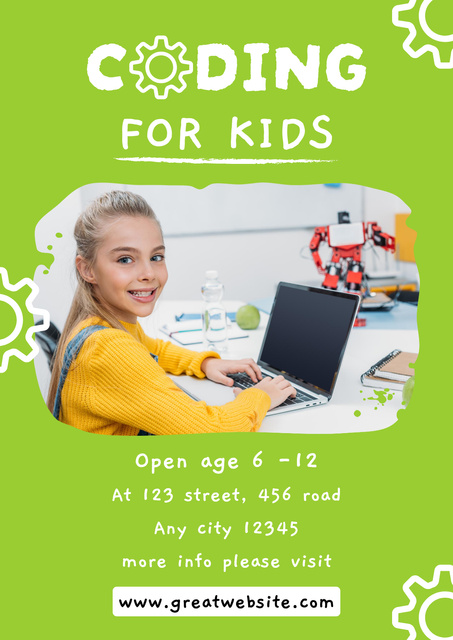 Ontwerpsjabloon van Poster van Coding Courses for Kids with Little Girl is using Laptop