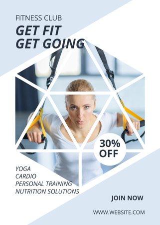 Anúncio de clube de fitness com mulher treinando com cintas de fitness Flayer Modelo de Design