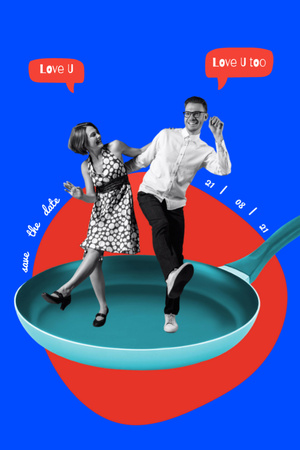 Ontwerpsjabloon van Postcard 4x6in Vertical van Funny Loving Couple Dancing On Pan in Blue