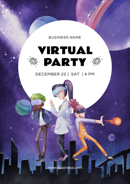Virtual Party Announcement with Cartoon Characters on Blue Posterデザインテンプレート