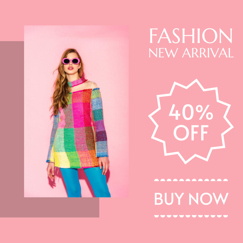 Fashion Ad with Woman in Colorful Bright Wear And Discounts Instagram Design Template