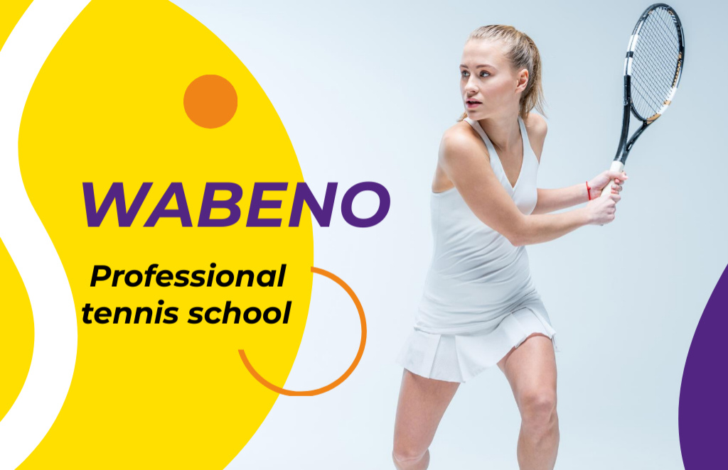 Tennis School Ad with Young Woman with Racket Business Card 85x55mm Πρότυπο σχεδίασης