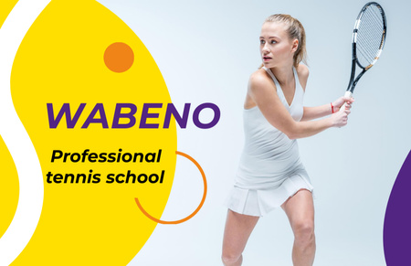Template di design Annuncio della scuola di tennis con la giovane donna con la racchetta Business Card 85x55mm