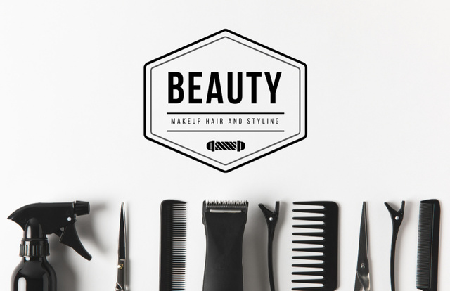 Beauty Salon Ad with Various Combs and Tools for Hairstyle Business Card 85x55mm Tasarım Şablonu