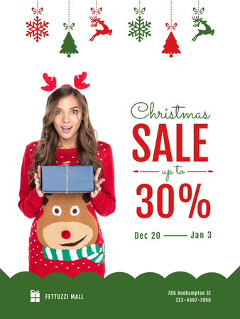 Christmas Sale with Woman Holding Present Poster 36x48in Design Template